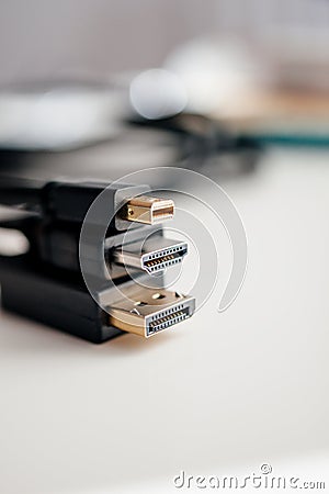 Mini DisplayPort, HDMI and DVi cables connectors Stock Photo