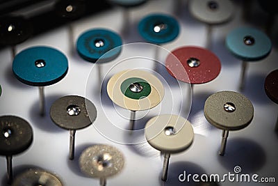 Mini drill circular disk set for manual engraving Stock Photo