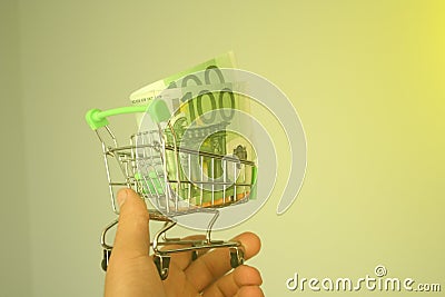 Mini dummy shopping cart in human hand with paper euro banknotes as a concept for online shopping, saving, business and making mon Stock Photo