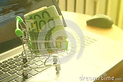 Mini dummy shopping cart on laptop with paper euro banknotes as a concept for online shopping, saving, business and making money a Stock Photo