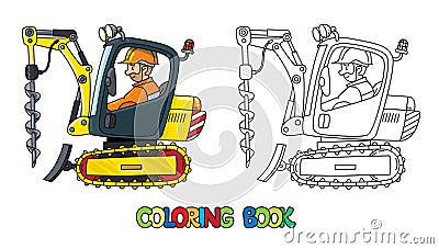 Mini excavator with drill and driver Coloring book Vector Illustration
