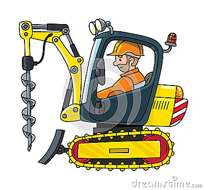 Mini excavator with drill and driver. Vector illustration Vector Illustration