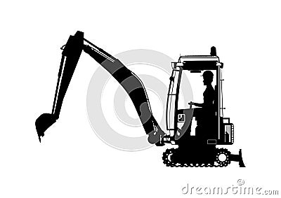 Mini excavator with an operator. Vector Illustration