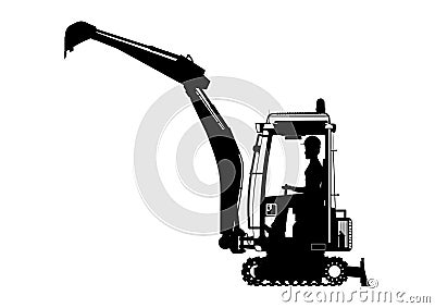 Mini excavator with an operator. Vector Illustration