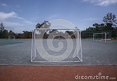 Mini football goalposts and court Stock Photo