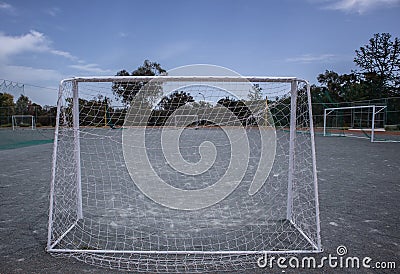 Mini football goalposts and court Stock Photo