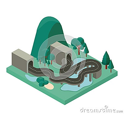 Mini forest scene with road and tunnel isometric icons Vector Illustration