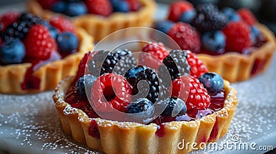 mini fruit tart buffet, delectable mini fruit tarts, ideal for a summer picnic or tea time treat, create a tempting Stock Photo