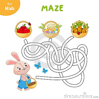 Mini-game for children on the theme of Easter. Help the rabbit through the maze Vector Illustration