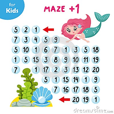 Mini game for kids, number maze. Bring the mermaid to the sink Vector Illustration