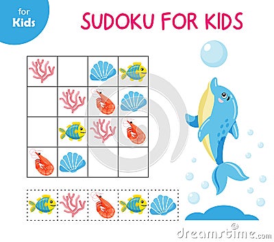 mini game for kids. Sudoku, children 3-4 years old. logical games. Marine series Vector Illustration