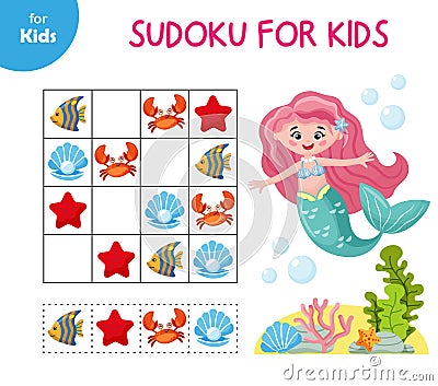 mini game for kids. Sudoku, children 3-4 years old. logical games. Mermaid Series Stock Photo