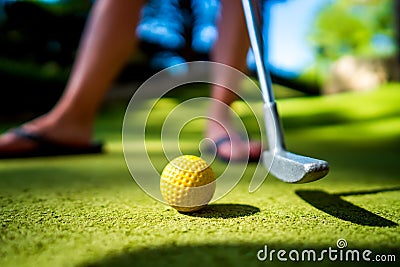 Mini Golf yellow ball with a bat at sunset Stock Photo