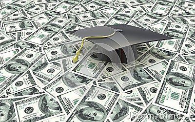 Mini graduation cap on US money - education costs Stock Photo