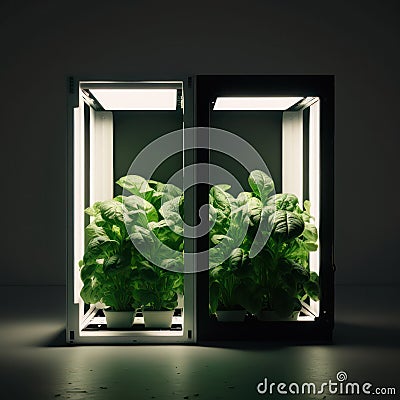 mini greenhouse with ultraviolet illumination for indoor plants.generative AI Stock Photo