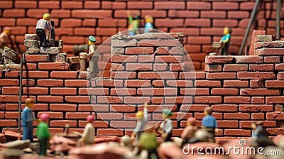 Mini human toys, building a wall with bricks, their efforts forming a solid structure Stock Photo