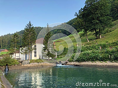 Mini lake of small hydroelectric power station Rutiberg Ruetiberg, Nafels Naefels Stock Photo