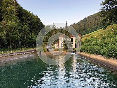 Mini lake of small hydroelectric power station Rutiberg Ruetiberg, Nafels Naefels Stock Photo