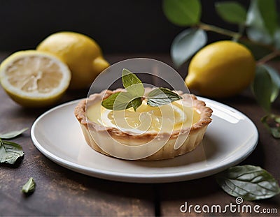 Mini lemon tart, decorated with a slice of lemon, on a dark wooden table Stock Photo