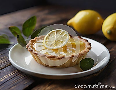 Mini lemon tart, decorated with a slice of lemon, on a dark wooden table Stock Photo