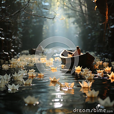Mini paper boats sailing on the water in spring along rivers filled Stock Photo