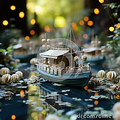 Mini paper boats sailing on the water in spring along rivers filled Stock Photo