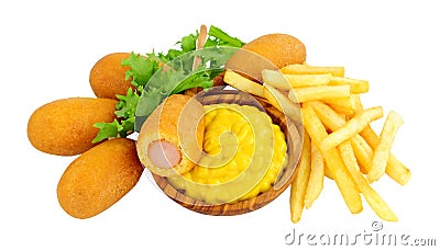 Mini Party Corn dogs and French fries Stock Photo