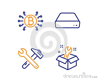 Mini pc, Bitcoin system and Spanner tool icons set. Spanner sign. Computer, Cryptocurrency scheme, Repair. Vector Vector Illustration