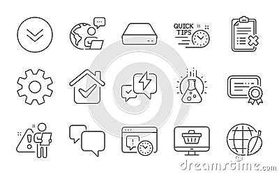 Mini pc, Project deadline and Scroll down icons set. Web shop, Lightning bolt and Reject checklist signs. Vector Vector Illustration
