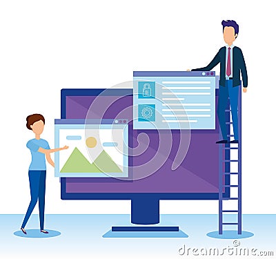 Mini people with computer Vector Illustration