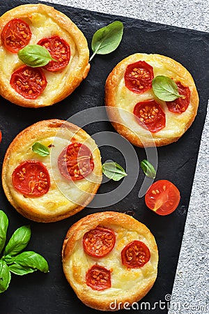 Mini pie with tomatoes and cheese. Quiche with vegetables and sauce top view Stock Photo