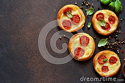 Mini pie with tomatoes and cheese. Quiche with vegetables and sauce top view Stock Photo
