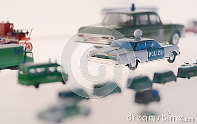 Mini Police car, scale model vehicle at the Mercedes-Benz automobile Museum. White background Editorial Stock Photo