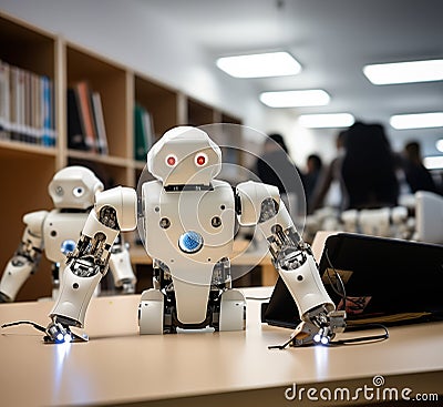 Mini robot assistant of administrator at reception desk. Generative AI Stock Photo