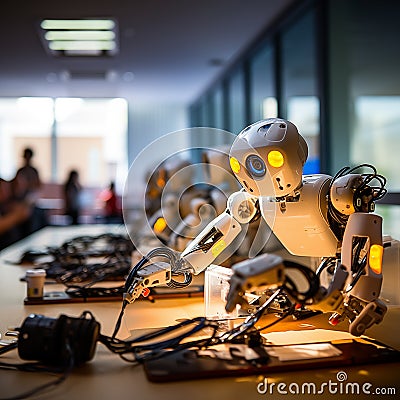 Mini robot doing technical work soldering iron in electronics electronic board chip. Generative AI Stock Photo
