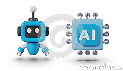 Mini robot, processor with AI label. Set of vector objects in cartoon 3D style Vector Illustration