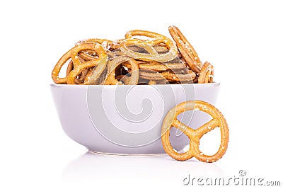 Mini salted pretzels isolated on white Stock Photo