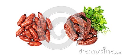 Mini Sausages Isolated, Dry Smoked Salami Sticks, Small Kielbasa, Cabanossi, Kabanos, Dry Embutido, Chorizo Stock Photo