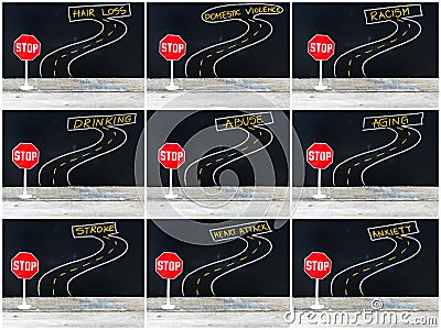 Mini STOP sign on the road, hand drawing over chalkboard Stock Photo