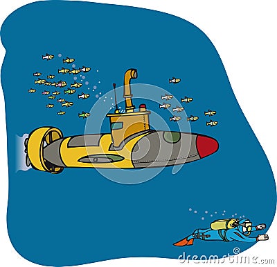 Mini sub and diver Vector Illustration