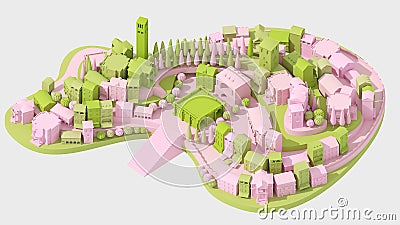 Mini toy Old city concept pink and green on white, 3d rendering Cartoon Illustration