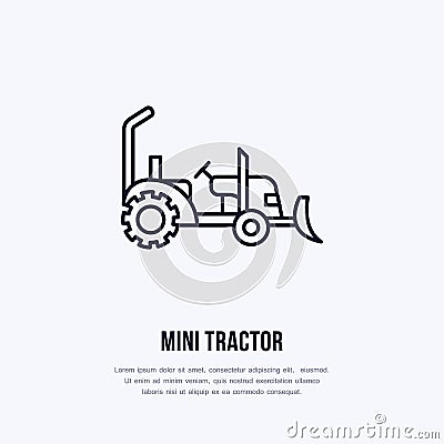 Mini tractor vector flat line icon. Transportation logo. Illustration of agriculture wheel, industrial equipment rent Vector Illustration