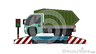 Cartoon Mini Truck car on the weighing scale at the checkpoint. Vector Illustration