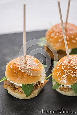 Mini tuna burgers and white cheese vertical Stock Photo