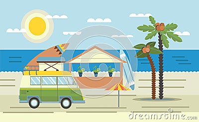 Mini van with surf Board on the roof on the sea and beach bar. Vector illustration in flat style. Vector Illustration