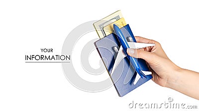 Miniature airplane international passport money dollars payment card in hand travel pattern Stock Photo