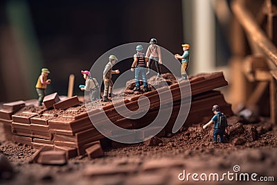 Miniature builders on chocolate bar. Generate Ai Stock Photo