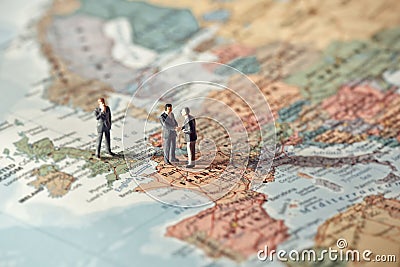 Miniature business people on map of Europe. Color tone tuned Stock Photo