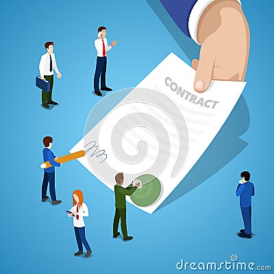 Miniature Business People Signing Contract. Partnership Agreement Vector Illustration