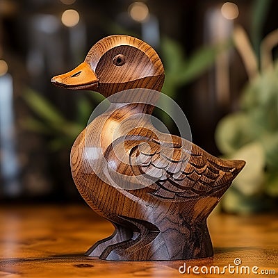 Miniature Carved Wooden Duck With Smooth And Shiny Nature-based Patterns Stock Photo